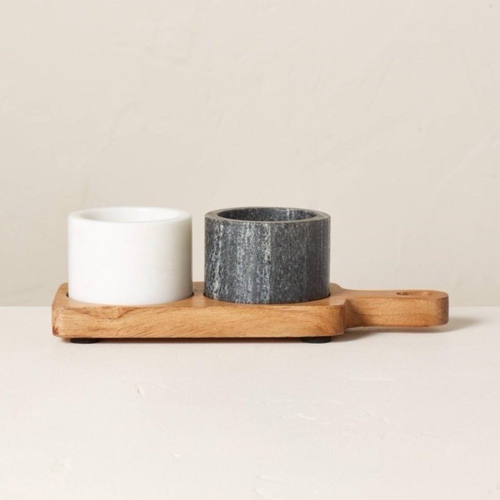 Hearth & Hand With Magnolia Marble Salt Cellars w/ Wood Tray 3pc Brown/Gray